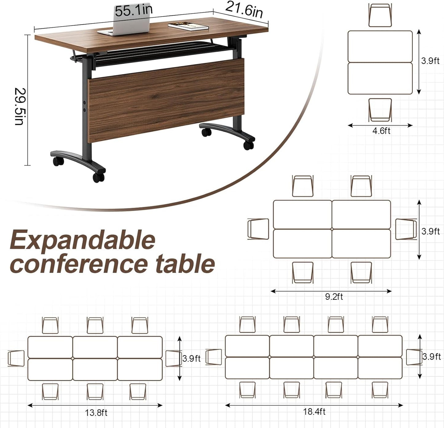 Folding Conference Table, Modern Large Conference Room Tables with Flip-Top Design, Foldable Conference Table Meeting Table with Wheels, Mobile Seminar Training Tables for Office Classroom (8, Walnut)