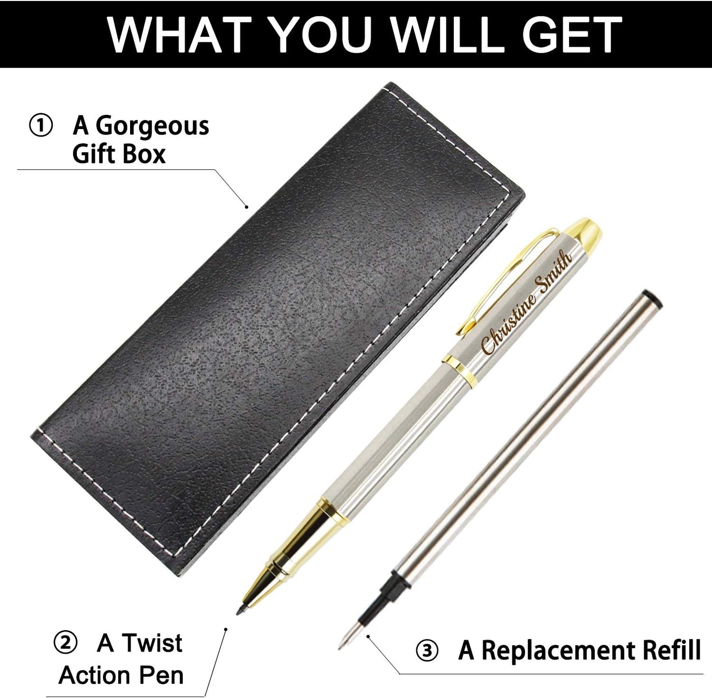 Amlion Personalized Pens Custom Engraved Pen with Name, Refillable Medium Refill, Personalized Gifts for Men Women