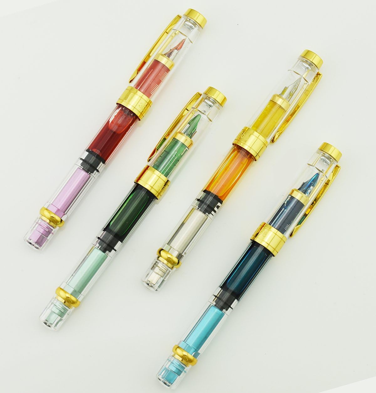 Lanxivi 4 PCS Yongsheng 3008 Piston Fountain Pen Fine Nib Transparent Diversity Color Gold Trim Set