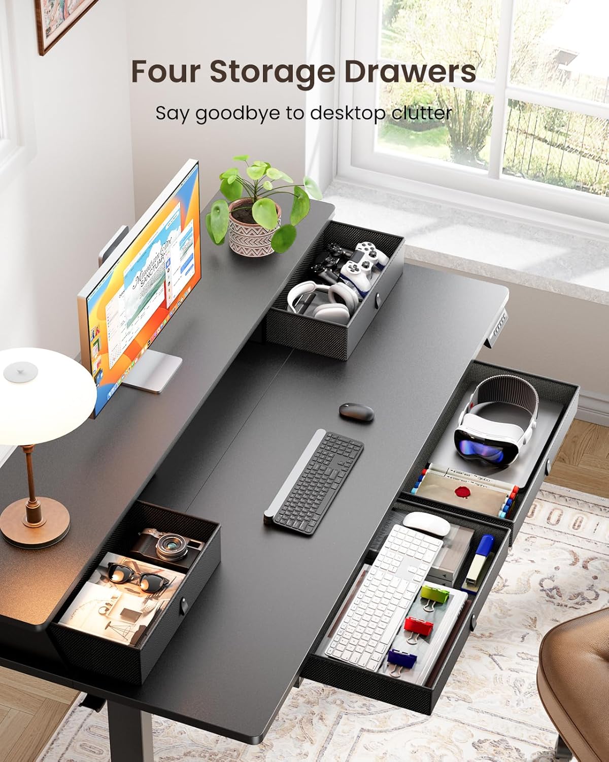 ErGear Electric Standing Desk with 4 Drawers, 63" x 30" Height Adjustable Desk with Storage, C-Clamp Mount Compatible, Computer Home Office Table with Cable Management Tray, Black