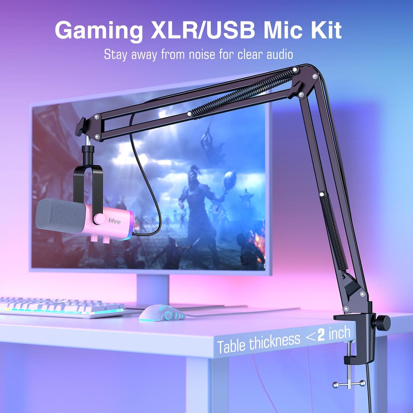 FIFINE XLR Gaming Microphone USB, PC Dynamic Microphone Kit for Vocal, Recording, Podcast, Streaming RGB Mic with Headphone Jack, Mute Button, Boom Arm Stand for Computer/Mixer-AmpliGame AM8T Pink