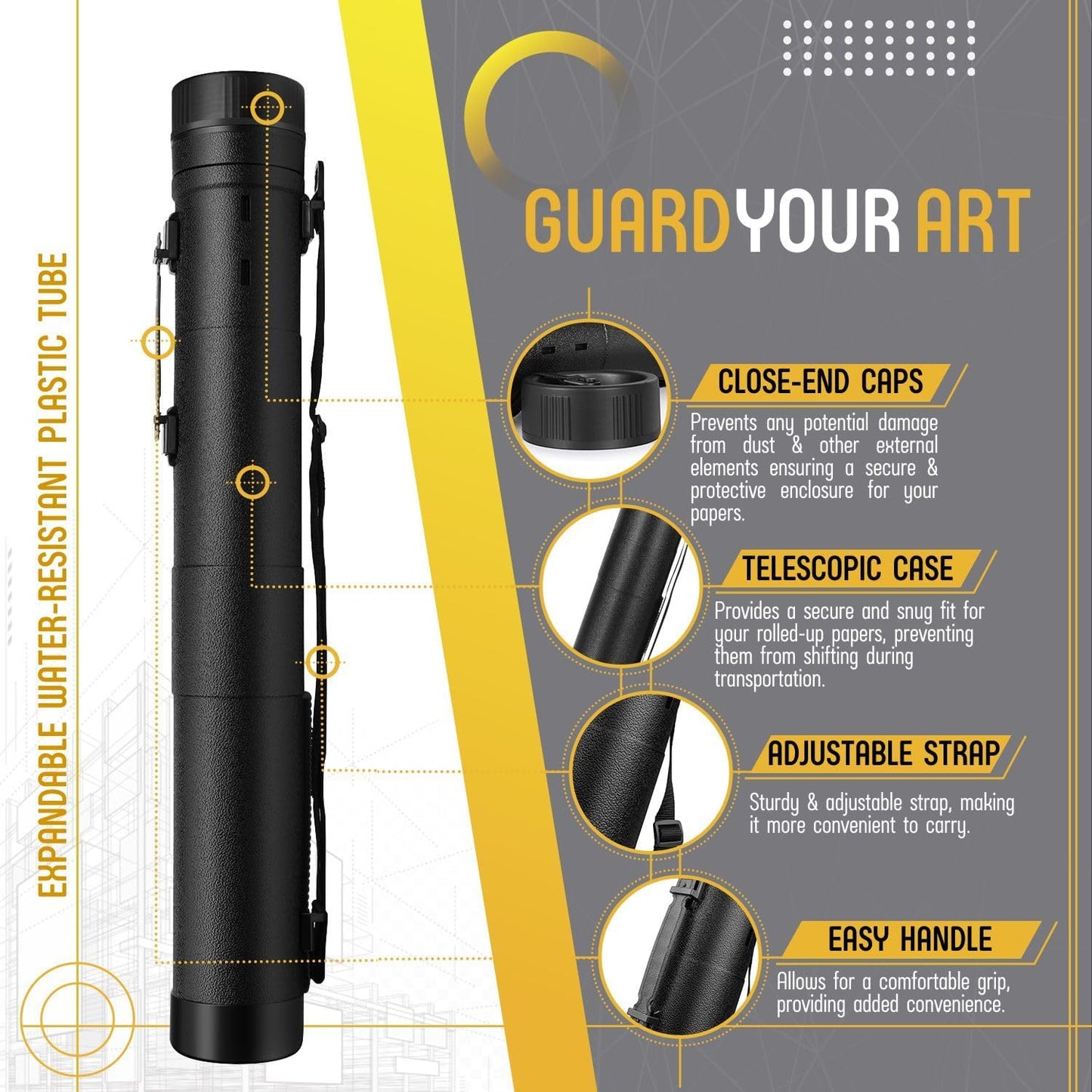 Flexzion Poster, Art, Document Tube with Strap, Expandable Waterproof Plastic Container, Telescoping Cylindrical Storage Case, Portable Paper Holder for Draft Sketch Blueprint, Black, youth large / 11