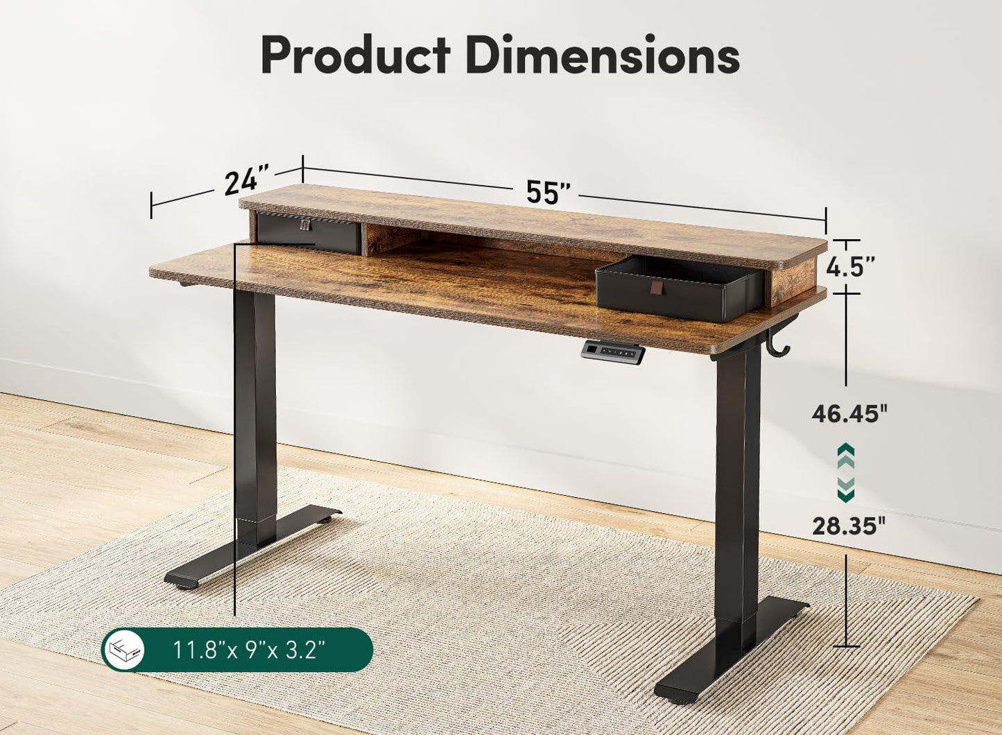 FEZIBO 55''x 24'' Height Adjustable Electric Standing Desk with Double Drawer, Home Office Computer Desk with 4 Height-Adjustable Feets & 2 Hooks, Rustic Brown