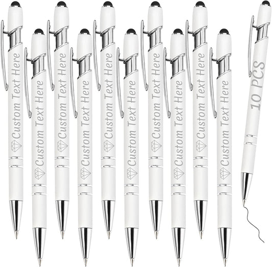 Personalized Pens Bulk 10 with Name Custom Engraving Ballpoint Pens with Stylus Tip Customized Smooth Writing Pens Personalized Gifts for Anniversary Birthday or Graduation(White,Black Ink)
