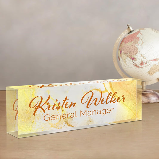 Gowellly Desk Name Plate Personalized - Custom Acrylic Name Plate for Desk - Enterprise Custom Logo/Text nameplates - Employee Appreciation Gifts (Golden Marble)