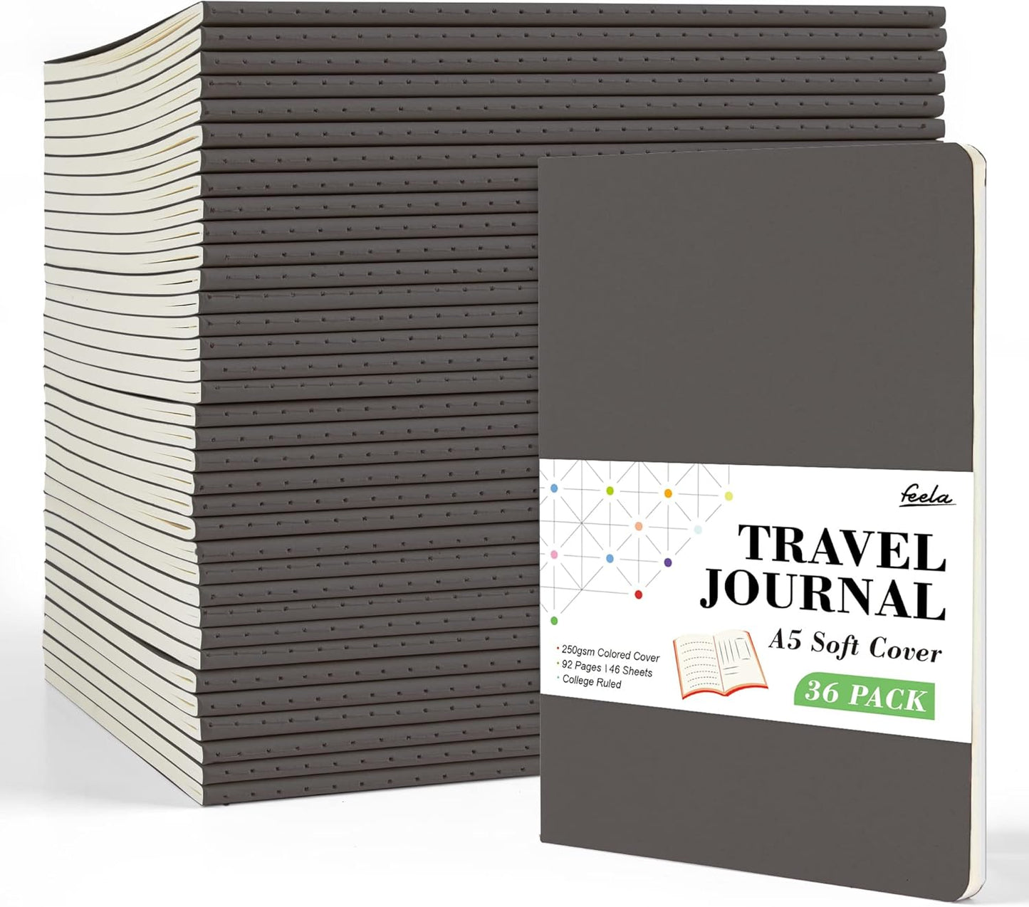 feela 36 Pack Soft Cover Journal Bulk, Lined Blank Travel Journal for Women Men Writing, Notebooks College Ruled for Work, Note Taking Notebook School Business Supplies, 8.2” x 5.5”, A5, Gray