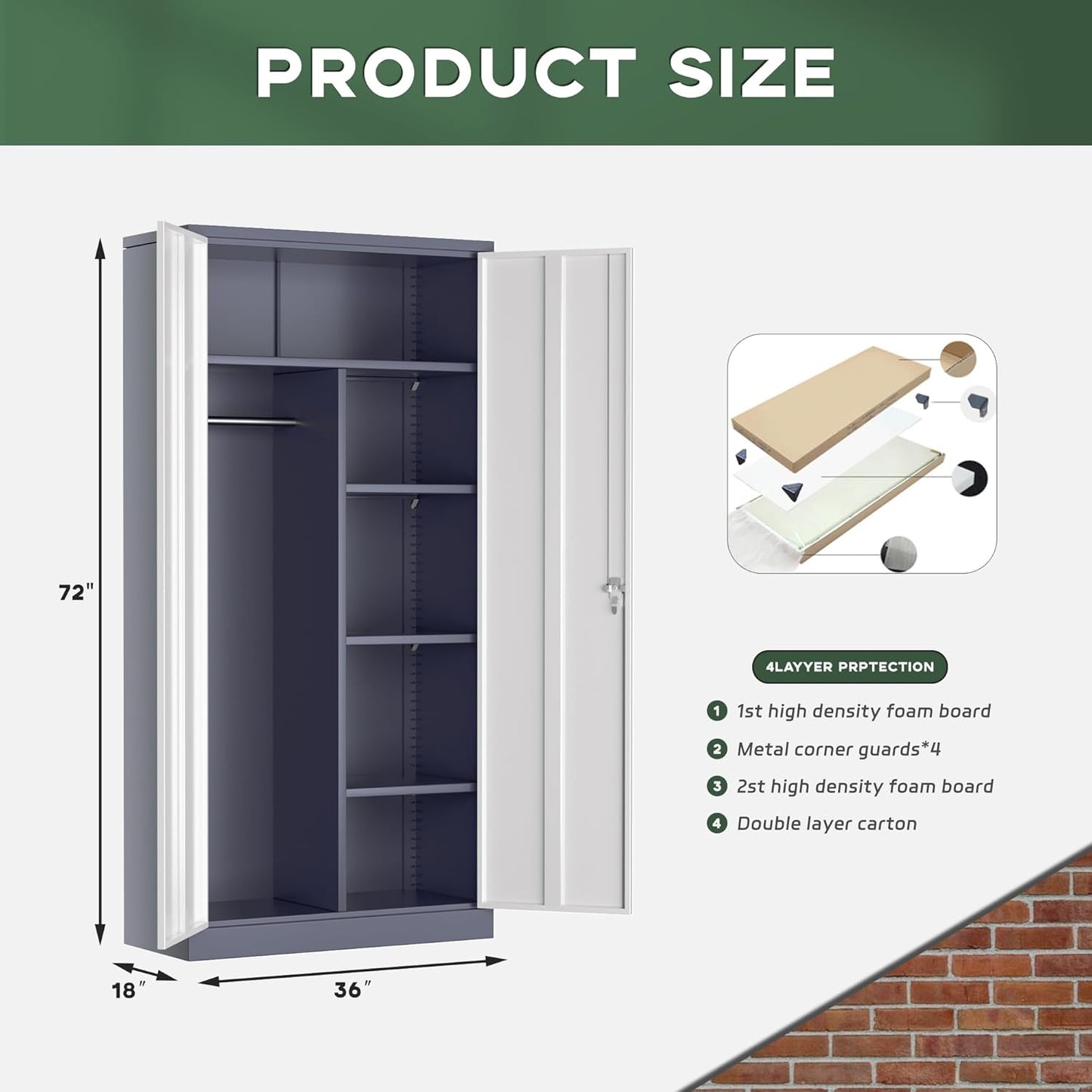 Greenvelly Metal Wardrobe Cabinet with Lock Door, 72" Metal Wardrobe Closet Cabinet with Hanging Rods and Adjustable Shelves, Steel Storage Locker Closet for Home, Office, Employee, Gym (White Grey)