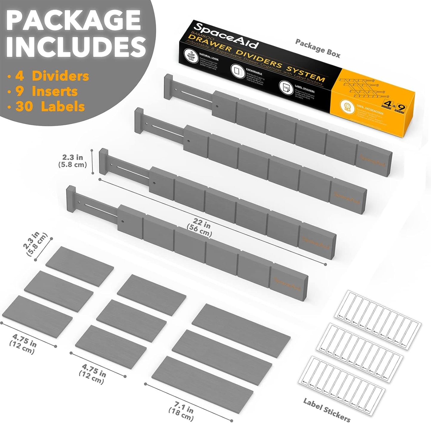 SpaceAid Bamboo Drawer Dividers with Inserts and Labels, Kitchen Adjustable Drawer Organizers, Expandable Organization for Home, Office, Dressers, 4 Dividers with 9 Inserts (17"-22" Gray)