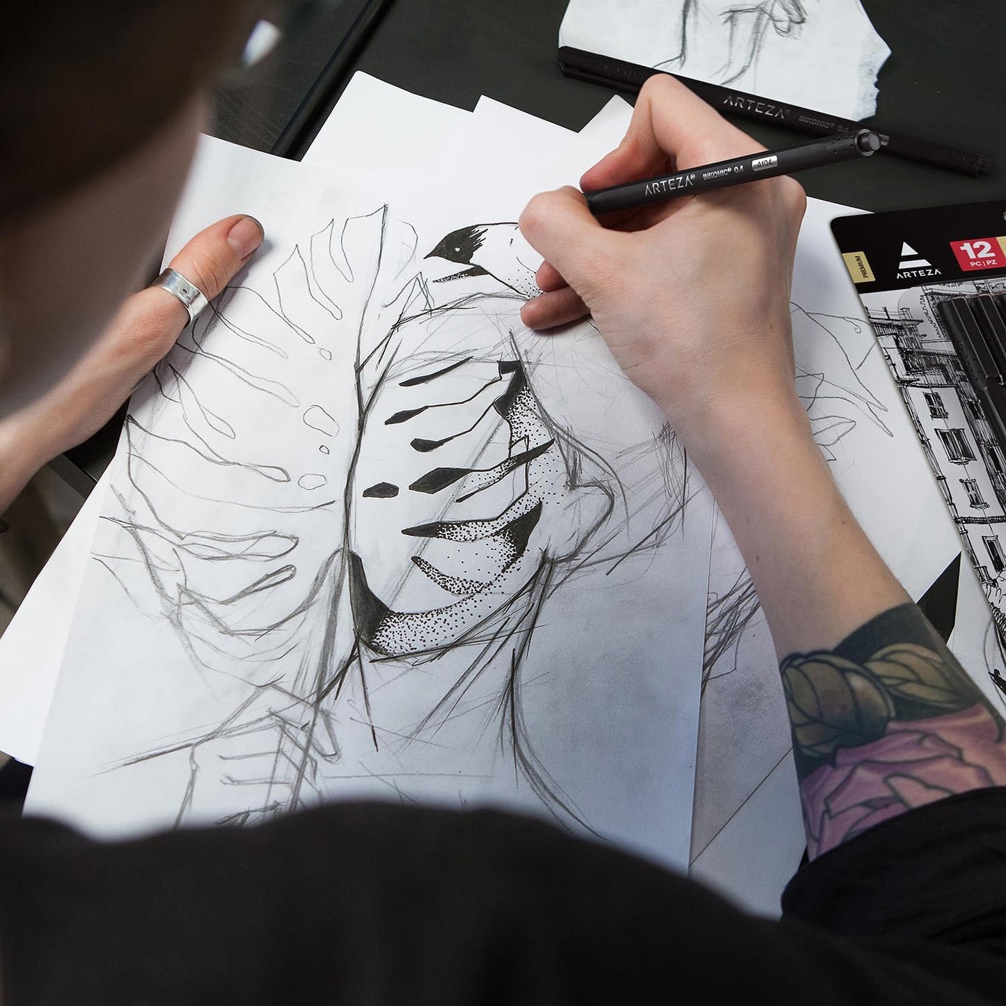 ARTEZA Black Inkonic Fineliners Pens, Set of 12, 0.4 mm Fine Tip Markers, Water-Based Art Pens for Drawing, Sketching, Journaling, Calligraphy