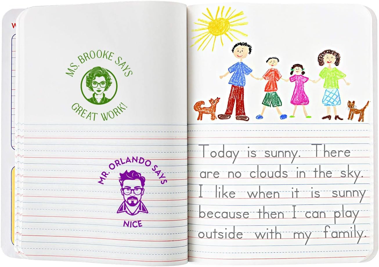 Custom Teacher Face Stamp with Personalized Text - 1-5/8" Diameter, Self-Inking, Classroom Grading, Feedback, Motivational Stamp