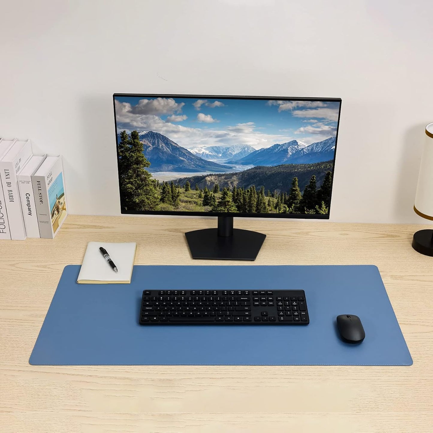 Faux Leather Desk Pad Blotter,Water and Slip Resistant Writing Desk Protector Mat,Blue Large Mouse Pad for Desktop/Office Home Table Cover,36x17 in