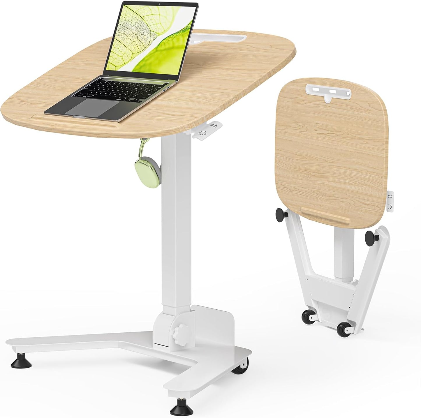 Folding Pneumatic Height Adjustable Mobile Standing Desk with 90° Tiltable Tabletop, 27.2x18.9 Inch Portable Laptop Desk with Wheels, Holds Up to 66.1lbs for Home Office, Study, Oak