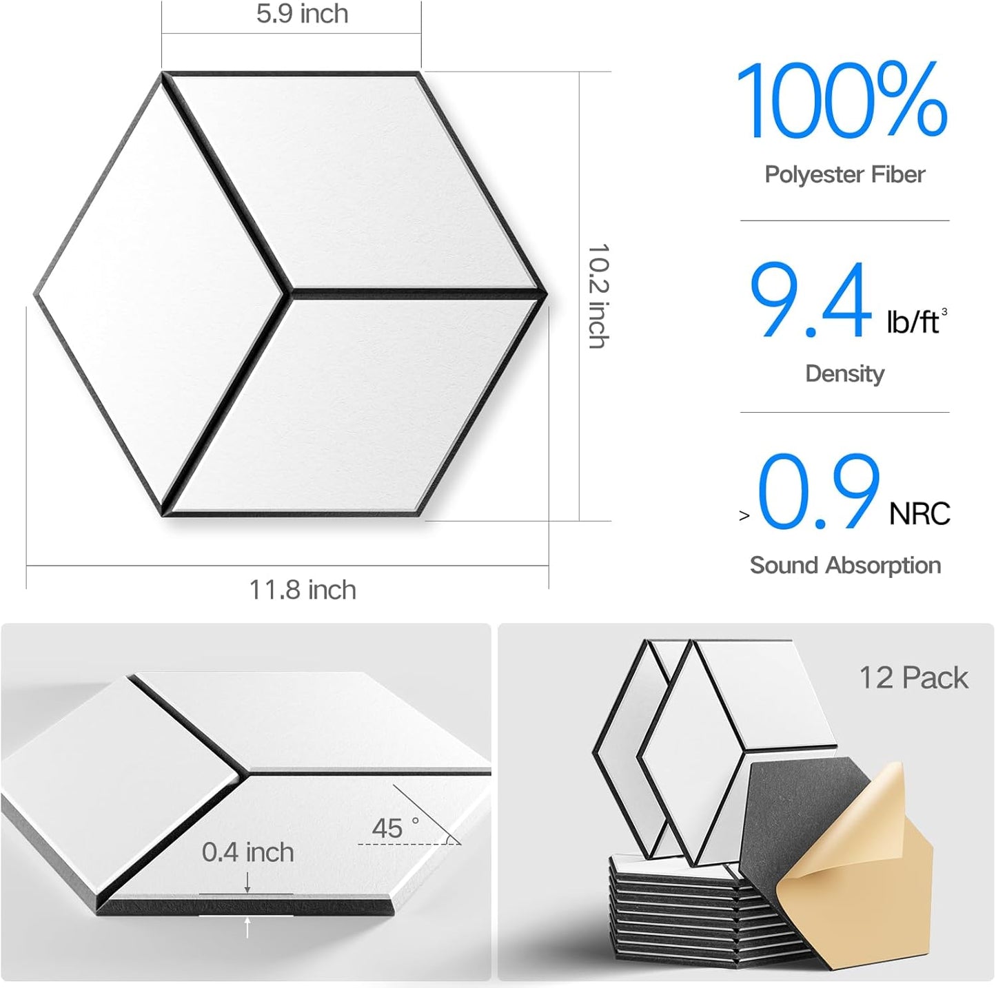 12-Pack Self-Adhesive Acoustic Panels 12" x 10" x 0.4" High-Density, Flame-Resistant Soundproof Foam. Absorbs Noise and Eliminates Echoes, Hexagonal 3D Design (White Face)