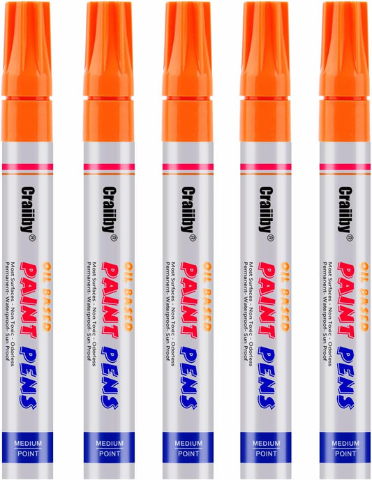 Orange Paint Markers, 5 Pack Oil-Based Waterproof Quick Dry Permanent Paint Pen Set for Rocks Painting, Wood, Fabric, Plastic, Canvas, Glass, Mugs, Metal, Tire, Stone, DIY Craft