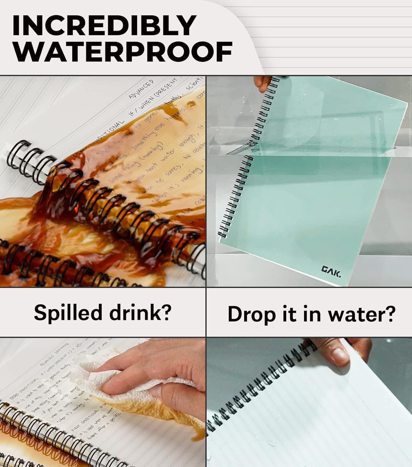 GAK. Stone Paper Waterproof Spiral Notebook, 7.20”x10.11”, 50 sheets, Durable Notebook, Eco-Friendly Mineral Stone Paper Notebook, Waterproof Notepad, Ruled, Green