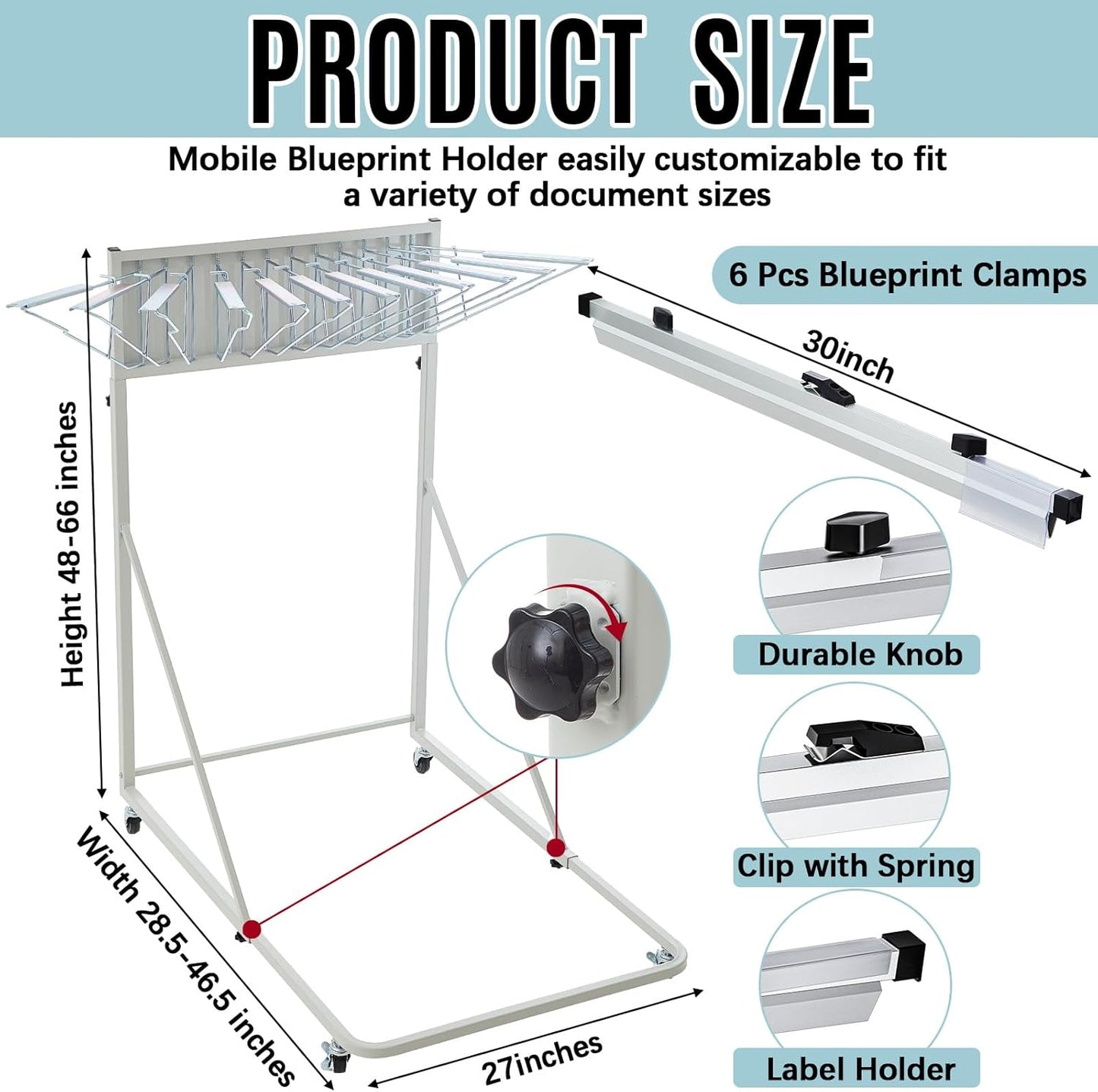 Estune Mobile Blueprint Holder Rack, Adjustable Mobile Blueprint Holder with 6 30 In Hanging Clamps 4 Wheels Poster Display Rack Storage Organizer Stand for File Display Plan Office Home(Silver)