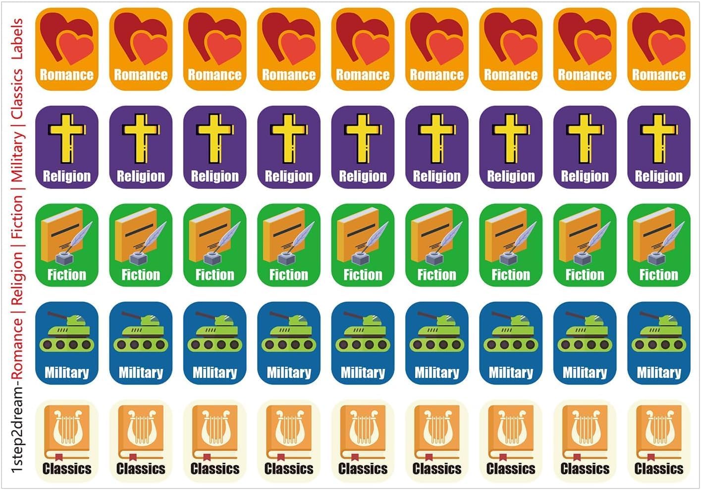 Genre Book Spine Labels for Classroom Library | 450PCS Stickers for Classroom Book Organization (Romance Religion Fiction Military Classics)