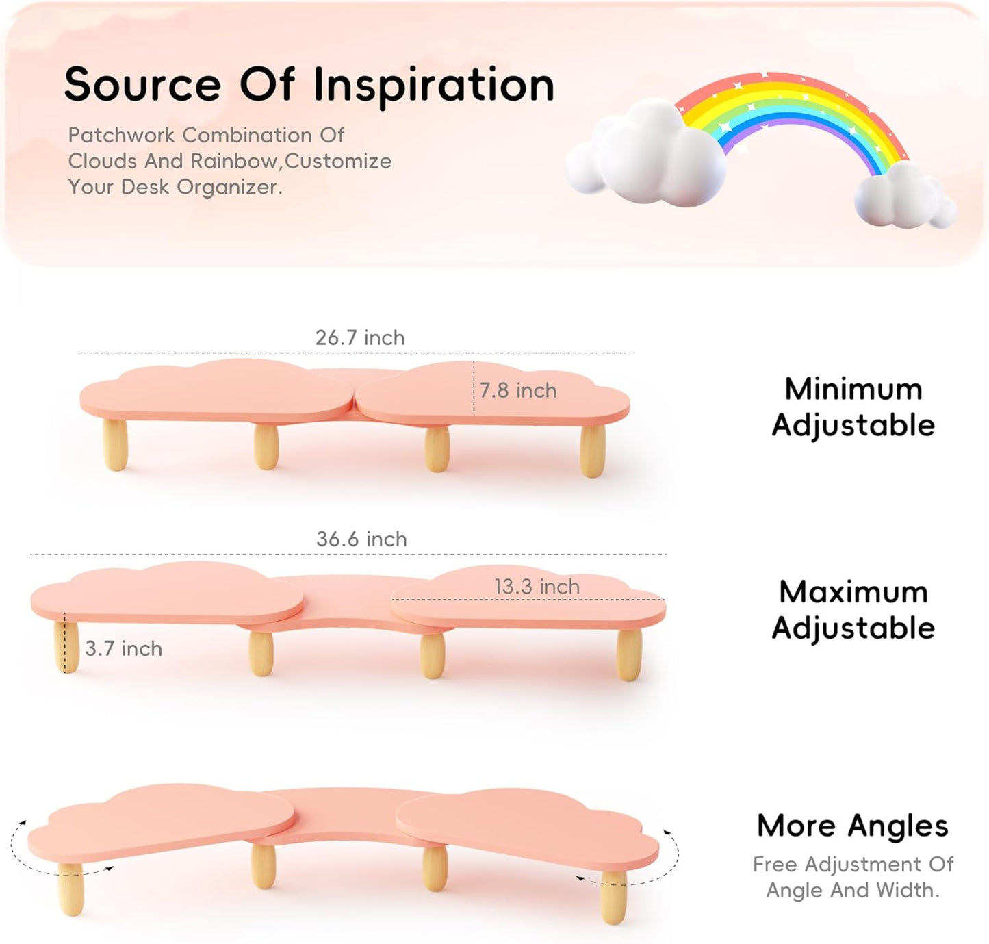 Dual Monitor Stand Riser, Adjustable Rainbow Cloud Desktop Organizer for 2 Monitors, Flexible Length & Angle Computer Stand for Laptop, PC, Printer, Home Office Use - Pink