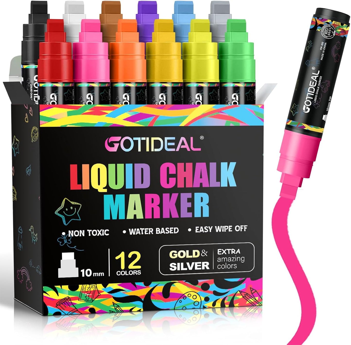 GOTIDEAL Window Markers, Jumbo Chalk Markers for Blackboard, Washable Car Marker for Chalkboard,Glass Mirrow,10mm Thick Tip12 Colors With Metallic Colors