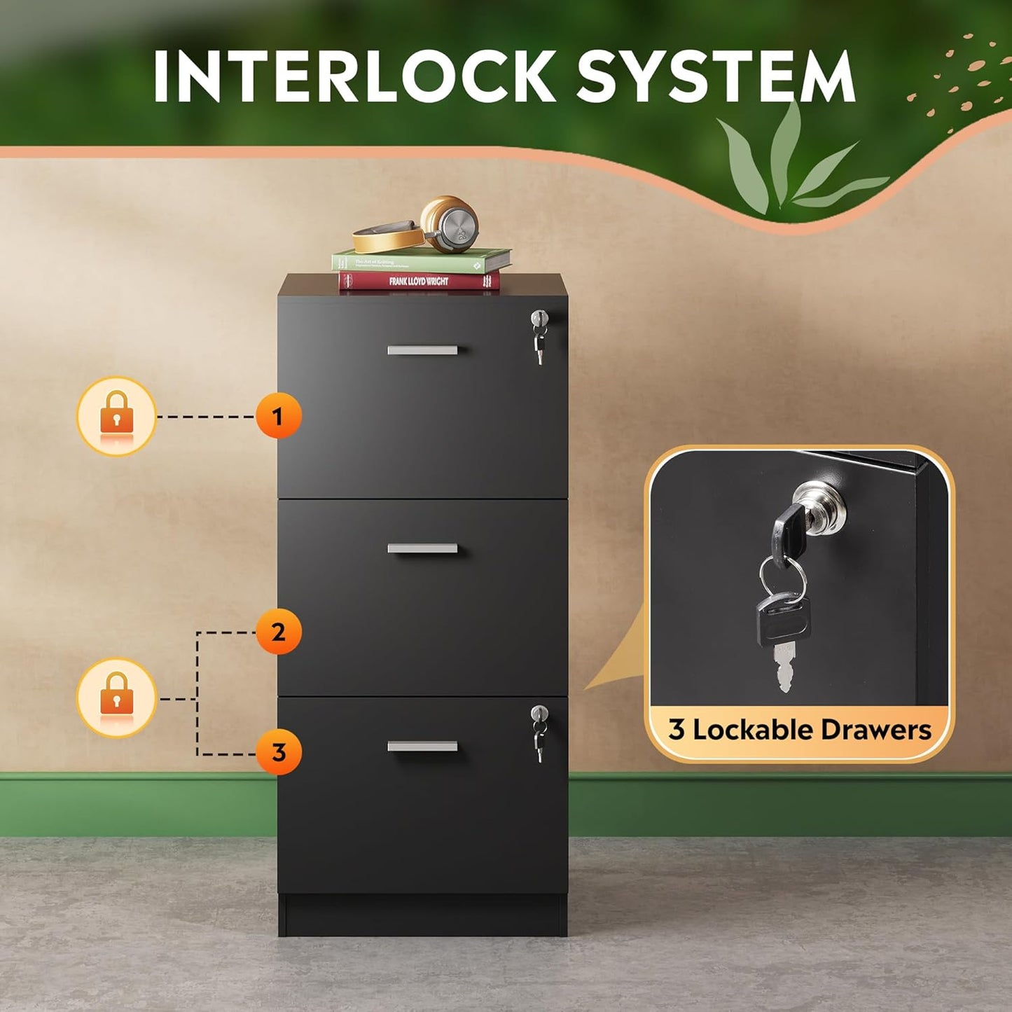 DEVAISE 3 Drawer File Cabinet with Lock, Vertical Wood Filing Cabinet for Home Office, Printer Stand for Letter and A4 Size, Black