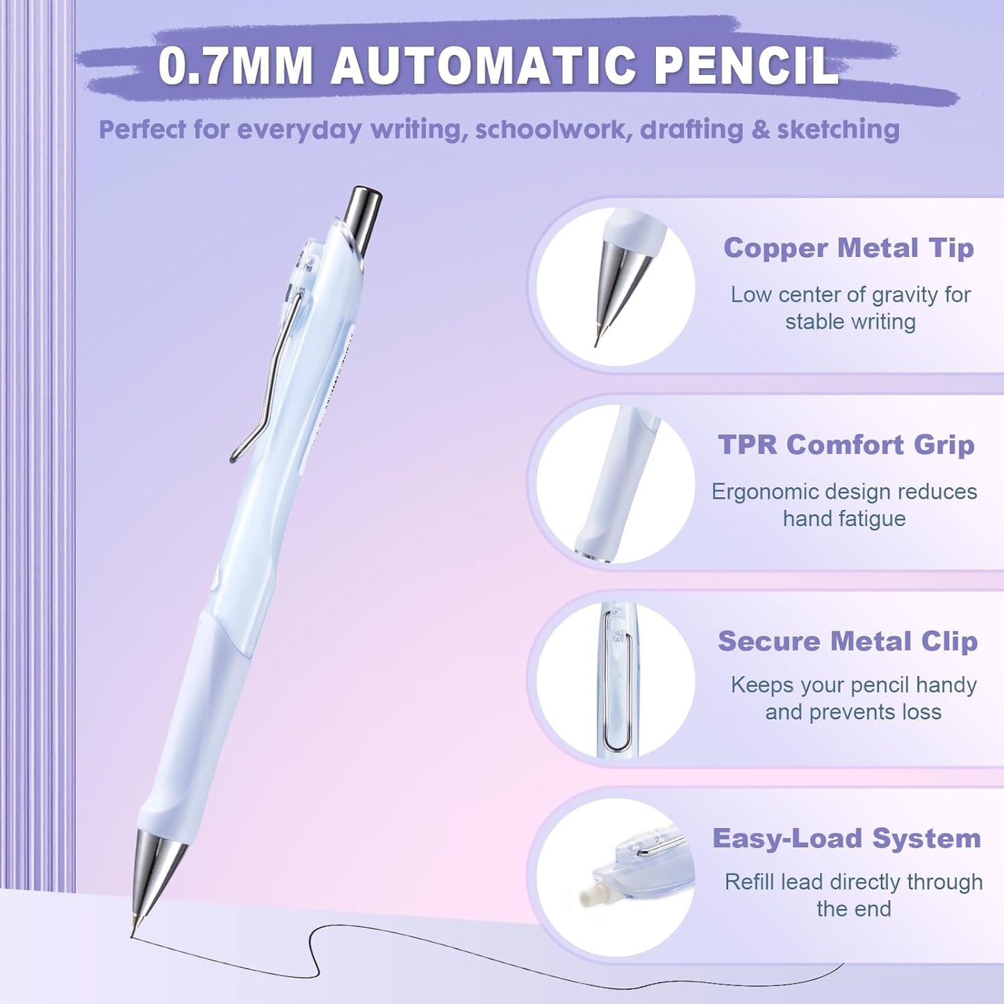 6-Pack 0.7mm Mechanical Pencils with Macaron Colors, Built-In Eraser, Copper Tip, Easy-Load Lead, Metal Clip, Soft Grip, for School, Office, Sketching, Drafting