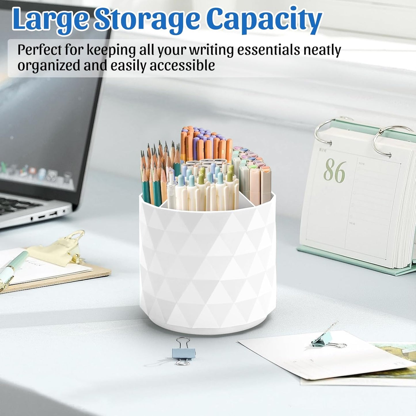 Desk Organizer,Sparkling Diamond-like Pen Holder for Desk 360°Rotating Office Accessories,Pencil Cup with 5 Compartments Storage Box Caddy for Office,School,Home,Art Supply(White)