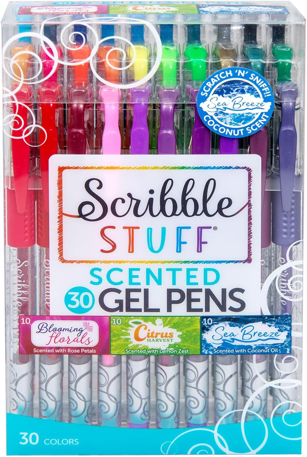 Scribble Stuff Scented Gel Pens 30 Count, 10 Blooming Floral, 10 Citrus Harvest and 10 Sea Breeze Scented Pens, Gel Pens for Kids Adults Color Books Drawing Doodling Crafts Scrapbooking Journaling