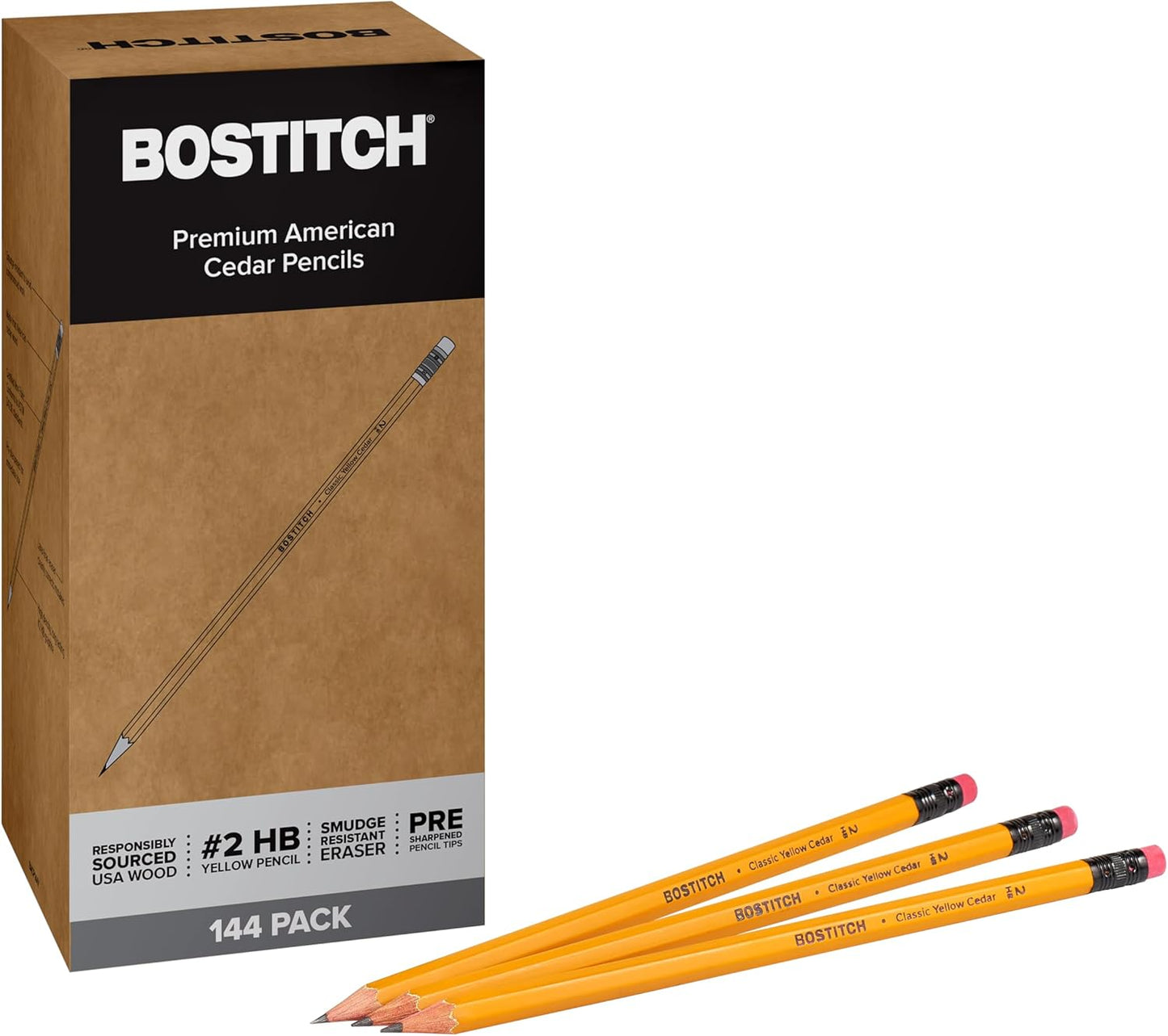 Bostitch Office Premium #2 Pencils, American Cedar Wood, Pre-Sharpened, HB Graphite, 144-Pack