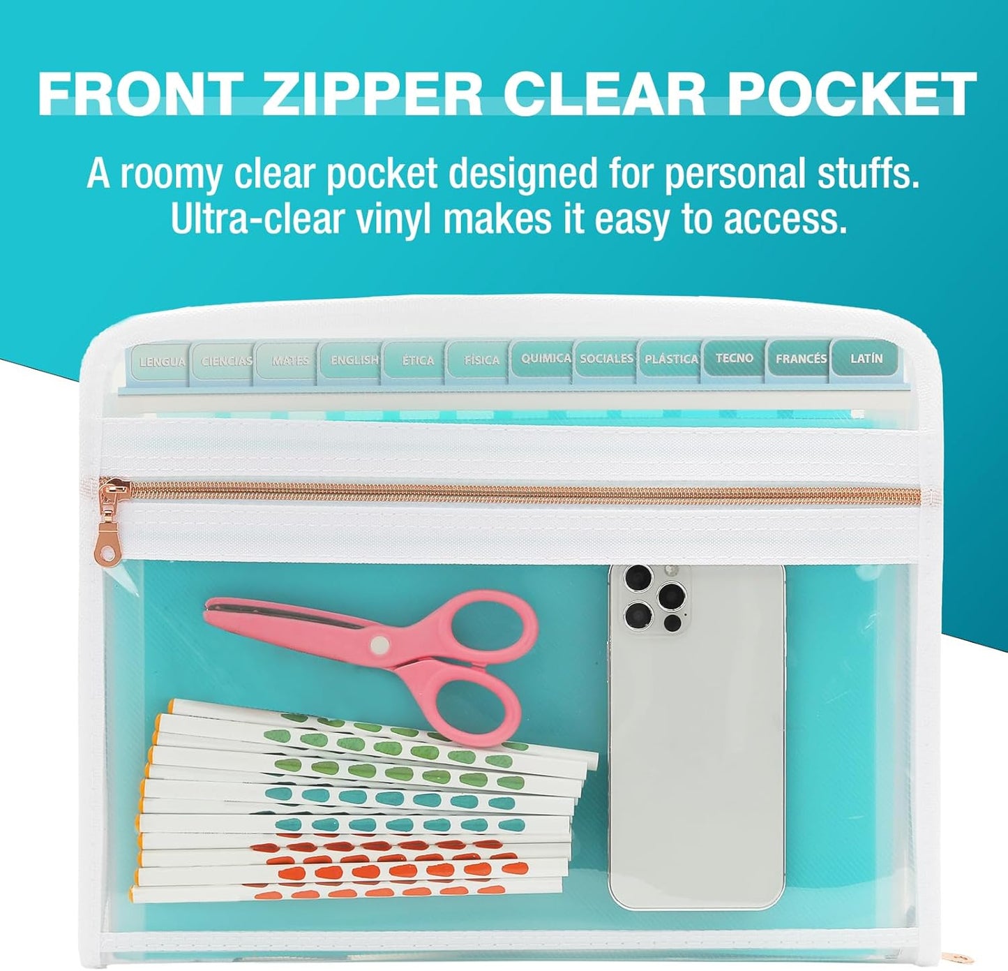 H4D 13 Pocket Expanding File Folder Organizer with Front Clear Pounch, Accordion File Organizer with Zipper Clourse, Fit for Letter Size Papers, Teal