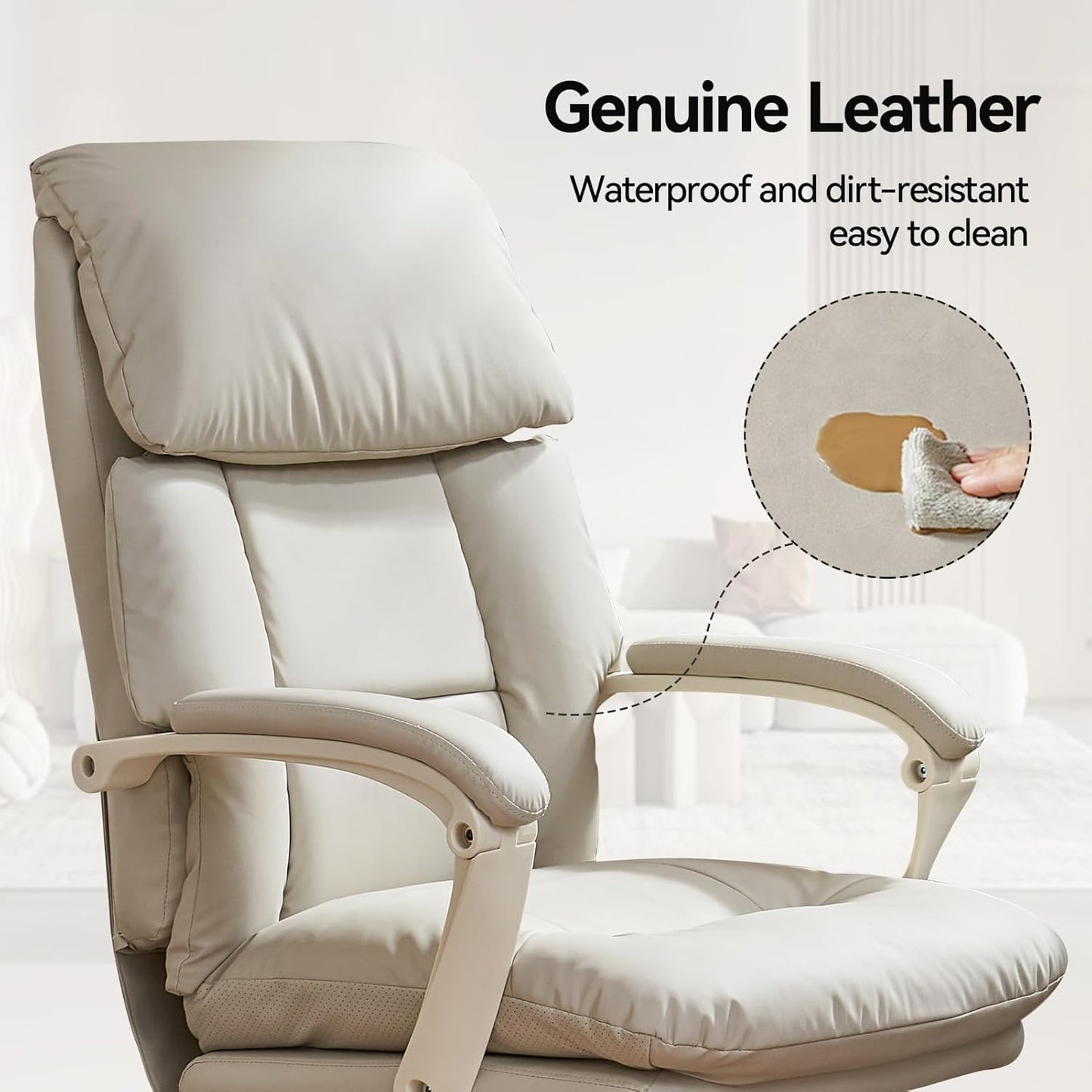 EMIAH Genuine Leather Office Chair with Foot Rest, Reclining Ergonomic Executive Office Chair with Arms, High Back Comfy Swivel Computer Desk Chairs with Wheels and Lumbar Support for Home, Beige
