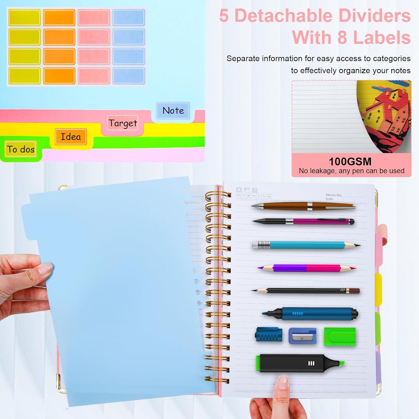 Hardcover Spiral Notebook 8"x10" Journal Notebook with Tabs and Removable Dividers 300 Pages 5 Subject Notebook College Ruled, Faux Leather Spiral Bound Notebook for Women, Students, School Work (Pink)