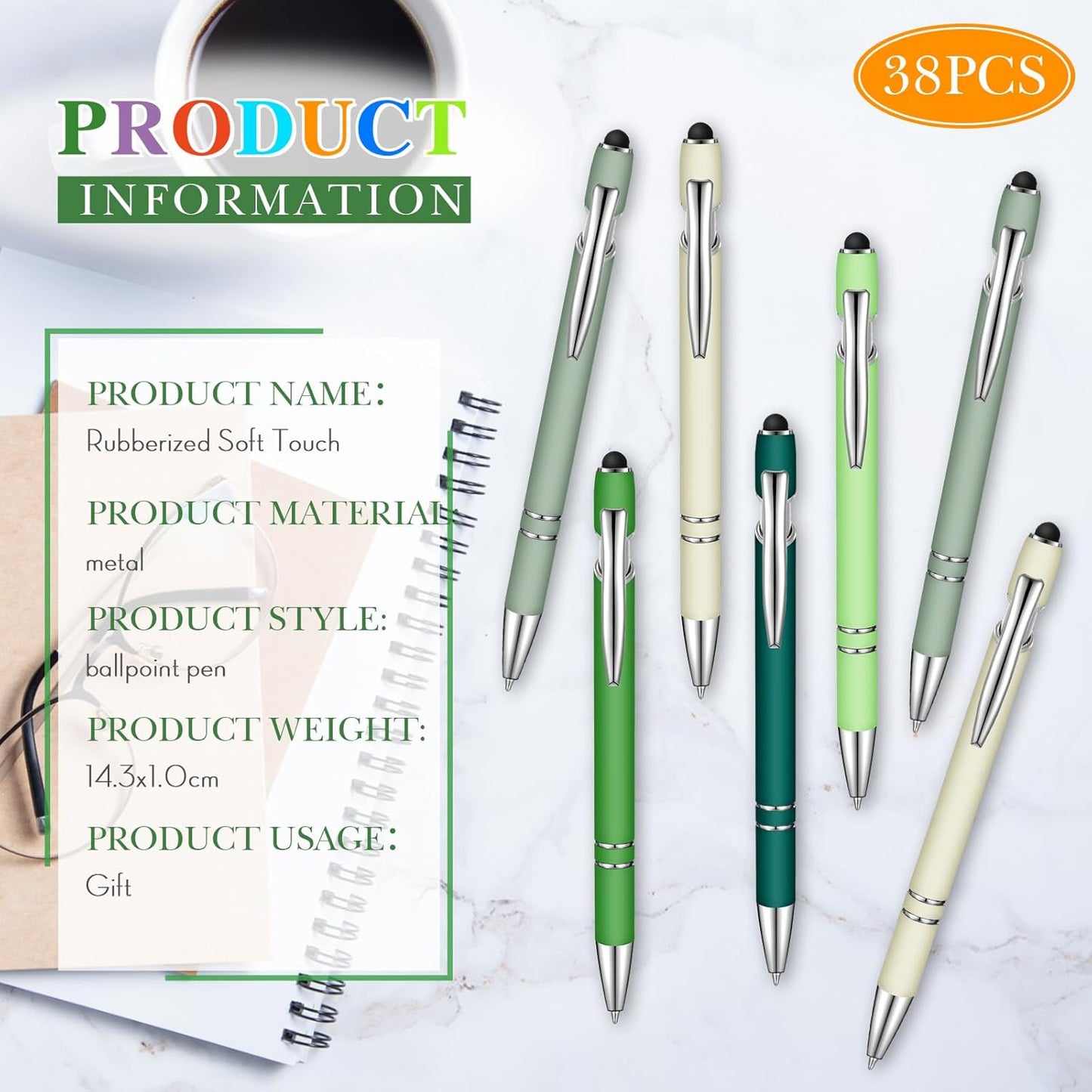 Zonon 38 Pieces Rubberized Ballpoint Pen with Stylus Tip Stylish Metal Pen Capacitive Styli with Soft Rubberized Grip, Black Ink for Most Devices(Charming Colors)