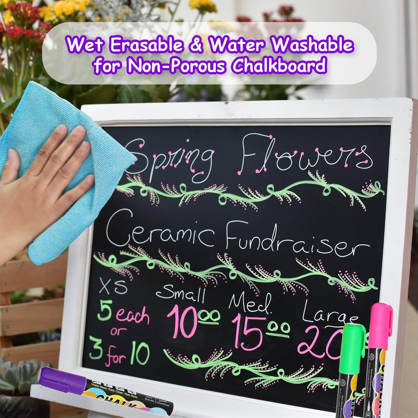 Liquid Chalk Markers Set (8 Pack), 6mm Reversible Thick & Chisel Tip, Wet Erase Paint Pens for Non Porous Blackboard Chalkboard, Car Glass Windows, School Business Supplies (8 Neon Color)