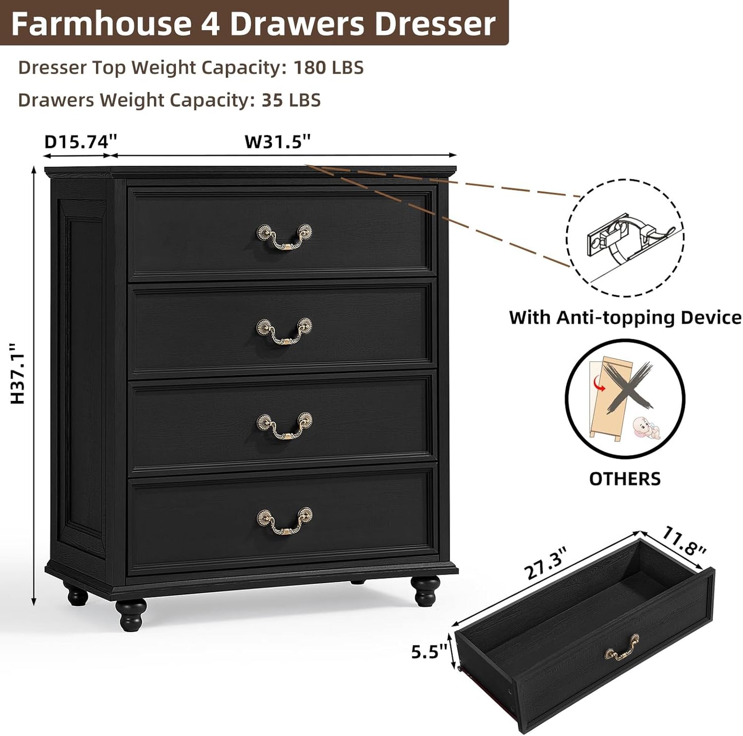 Farmhouse 4 Drawer Dresser Set of 2 for Bedroom, 37" Tall Rustic Chests of Drawers w/ 4 Solid Wood Feet, Mid Century Vintage Wooden Closet Storage Dressers Organizer for Living Room, Black