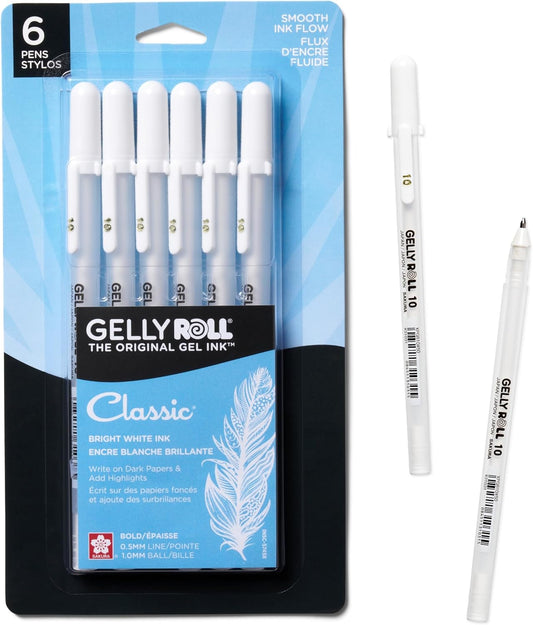 SAKURA Gelly Roll Gel Pens - Bold Tip Ink Pens for Journaling, Art, or Drawing - Classic White Ink - All are Tip Size Bold 10-6 Pack