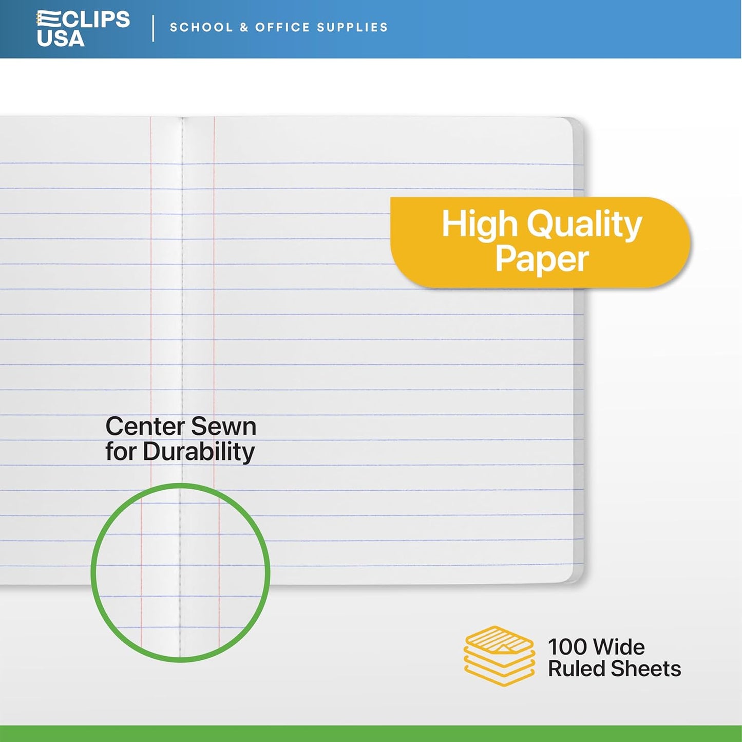 E-CLIPS USA Composition Notebooks, (6 Pack), Wide Ruled Composition Notebook, Marble Composition Notebook, 100 sheets, 200 Pages (6, Yellow)