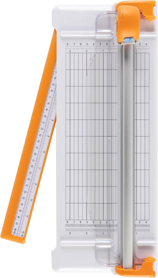 Fiskars Compact Rotary Paper Trimmer - 12" Cut Length - Portable Size with Extendable Base Deck - Self-Sharpening Blade - Scrapbooking Tool