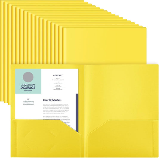 Gueevin 50 Pcs Plastic Folders with Pockets, Back to School Two Pocket Folder Fit Letter Size, Heavy Duty School Business Card Holder for Home Office, 11. 61 x 9. 45 Inches (Yellow)