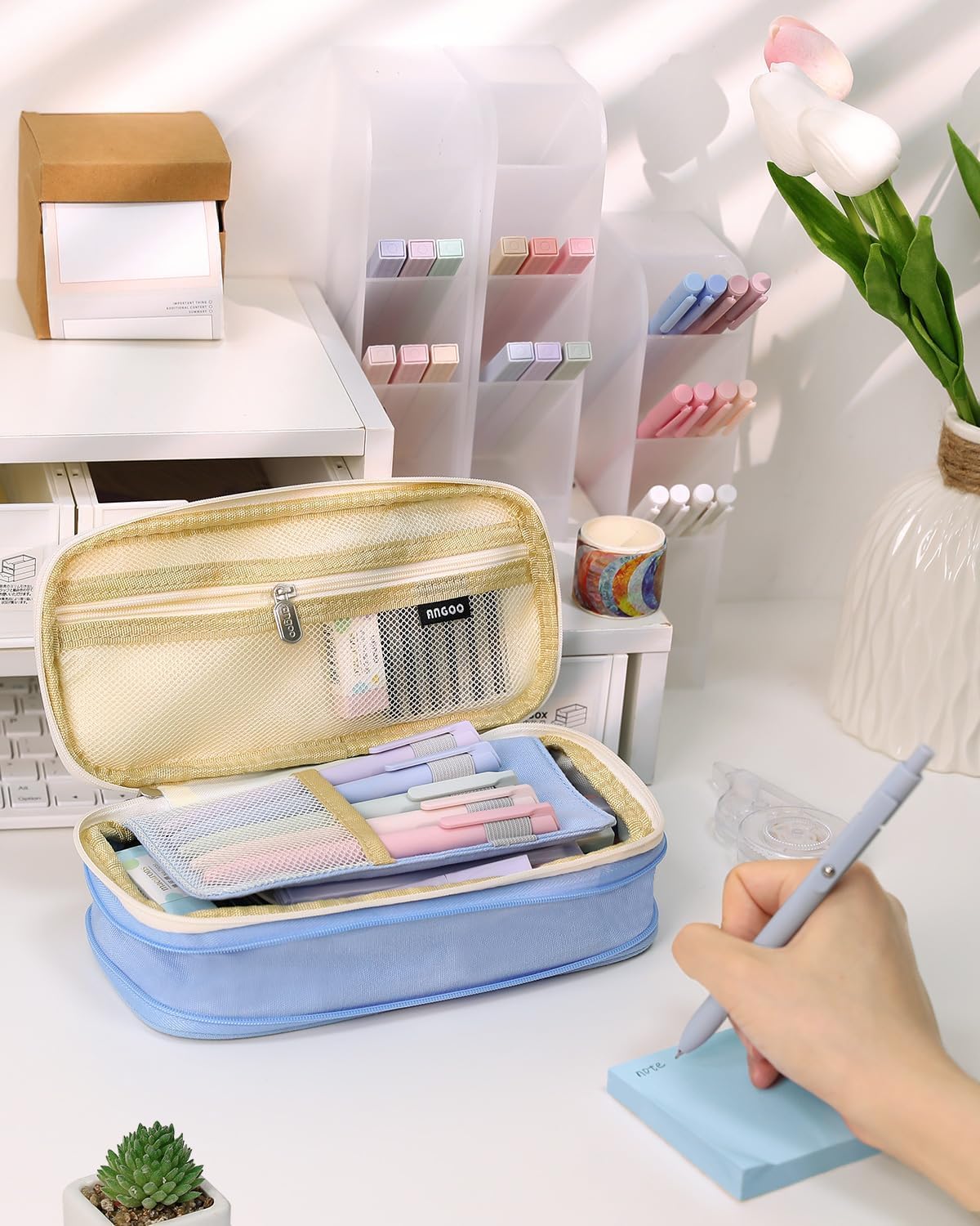 SKYDUE Cute School Supplies 44 PCS, Aesthetic Pencil Case with 12 Pastel Highlighters, 5 Black Gel Pens, 6 Color Gel Pens & Mechanical Pencils, College Essentials Students Stationary Set Blue