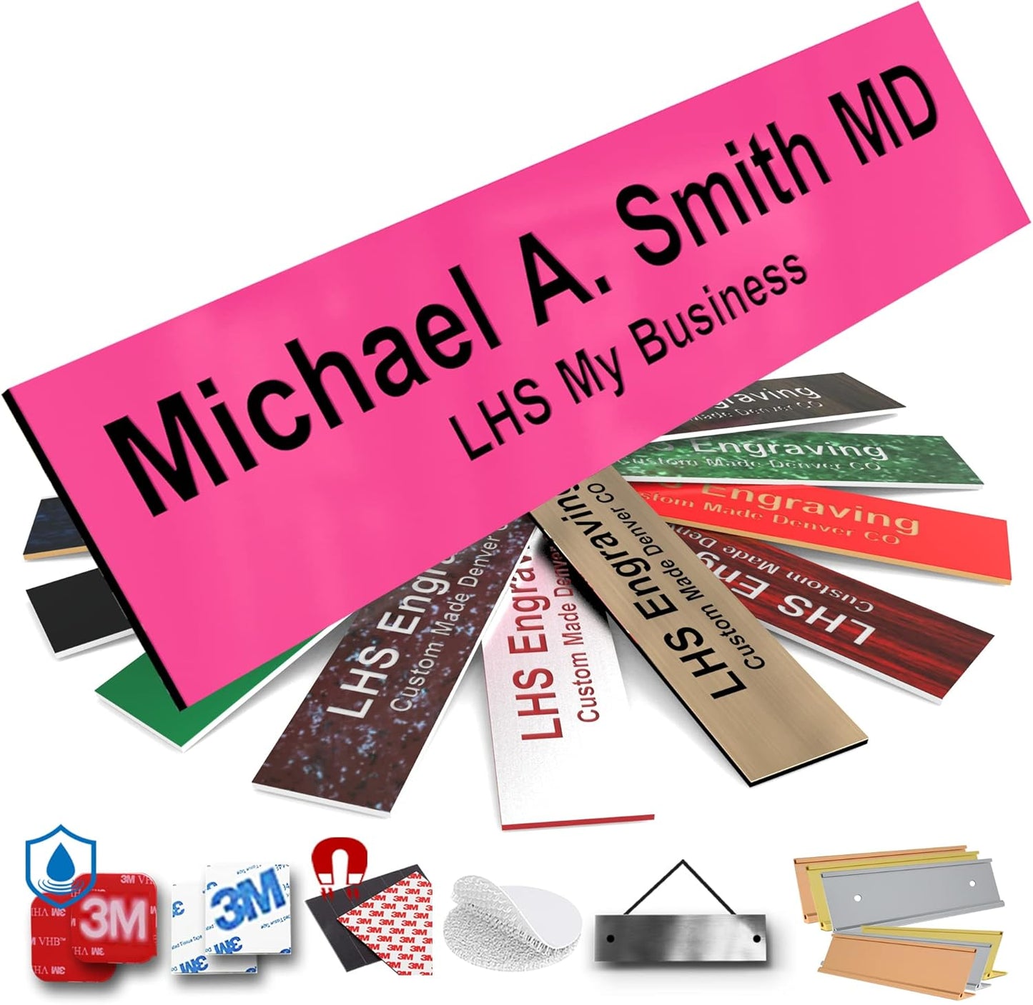 Door Name Plate Personalized for Office Pink Plastic Name Plate Black Letters - Made in USA 2x8 B12