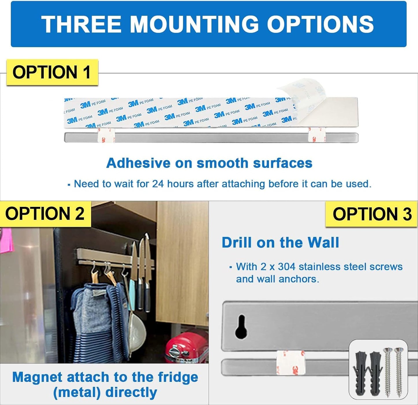 12 Inch Magnetic Knife Holder for Wall with 6 Hooks No Drill-Double Magnetic Bar Strong Adhesive Knife Magnetic Strip-Kitchen Utensil Hanger-304 Stainless Steel Magnetic Kitchen Knife Rack