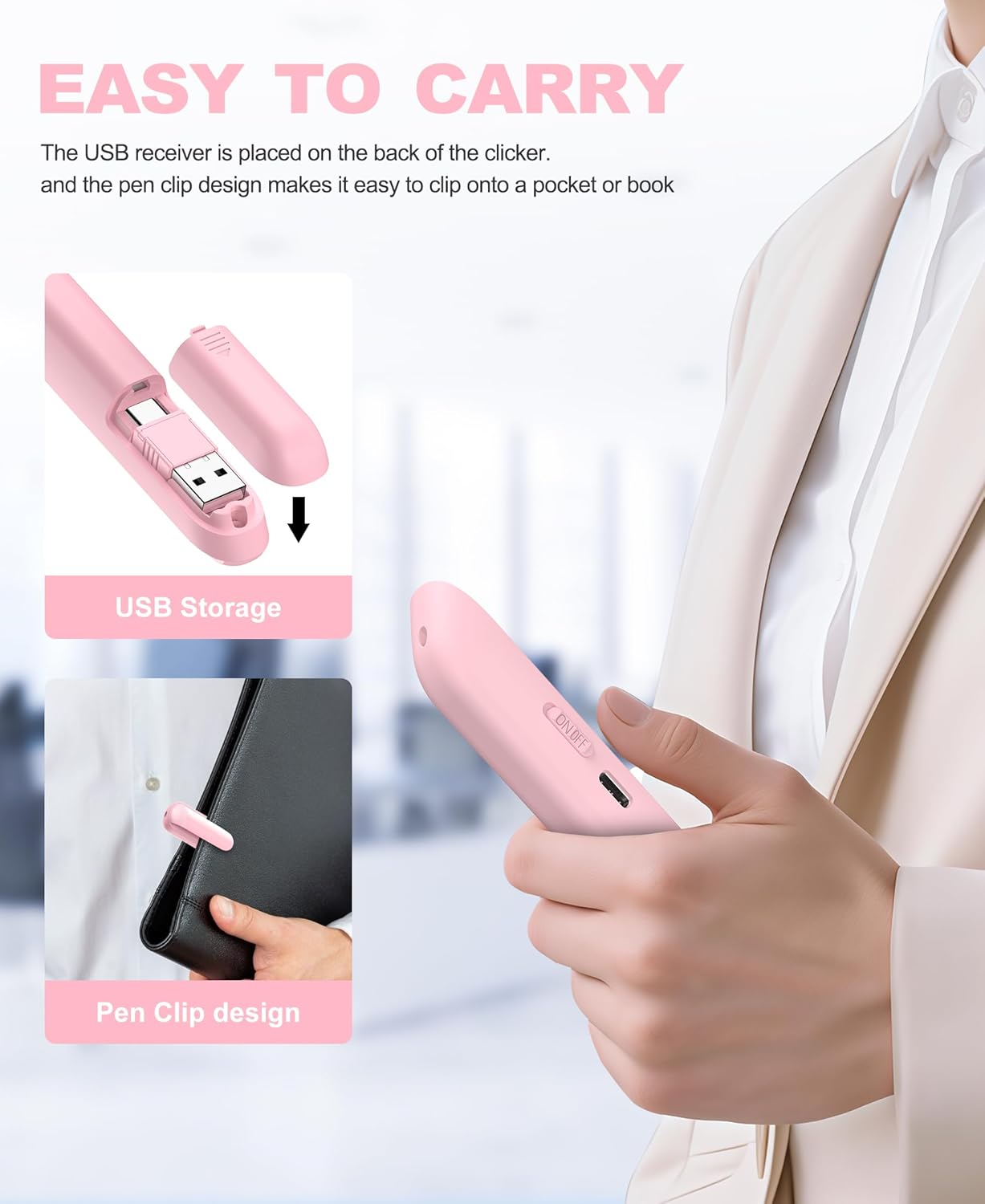 DinoFire Wireless Presentation Remote Presenter, RF 2.4GZ USB C Rechargeable Slide Clicker for Powerpoint Presentations for Laptop/Computer-Pink