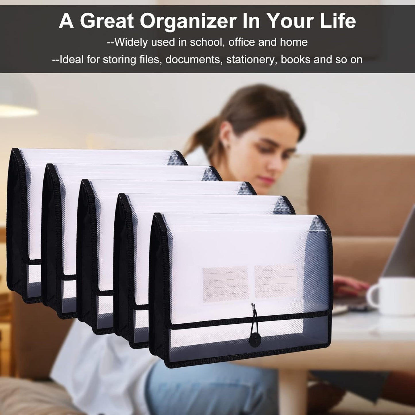 Eco-Friendly Plastic File Folders, Poly Expanding File Wallet, Expandable Envelope Organizer Document Folder with Elastic Band and Button Closure, with Small Two Pockets, 5 Pack- Black