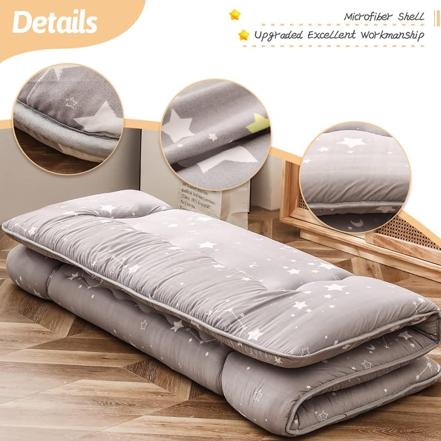 Grey Constellation Japanese Floor Futon Mattress, Tatami Floor Mat Portable Camping Mattress Kids Sleeping Pad Foldable Roll Up Floor Lounger Couch Bed with Mattress Protector Queen Size