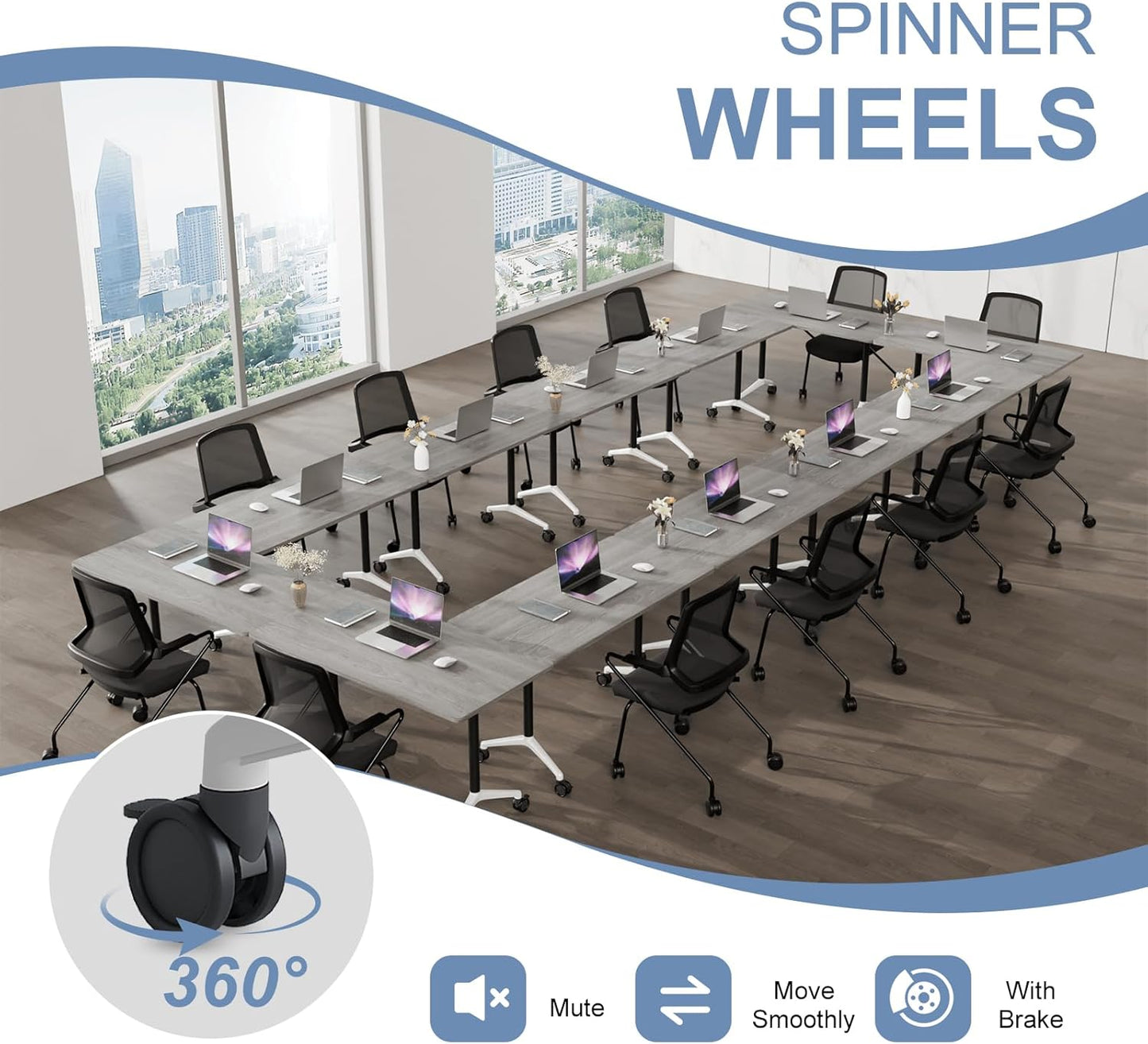 Folding Conference Table, Mobile Training Table for Office Conference, Modern Modular Rectangular Work Desk Meeting Seminar Work Tables with Caster Wheels, Large Breakroom Tables (2Pack L55.1in)