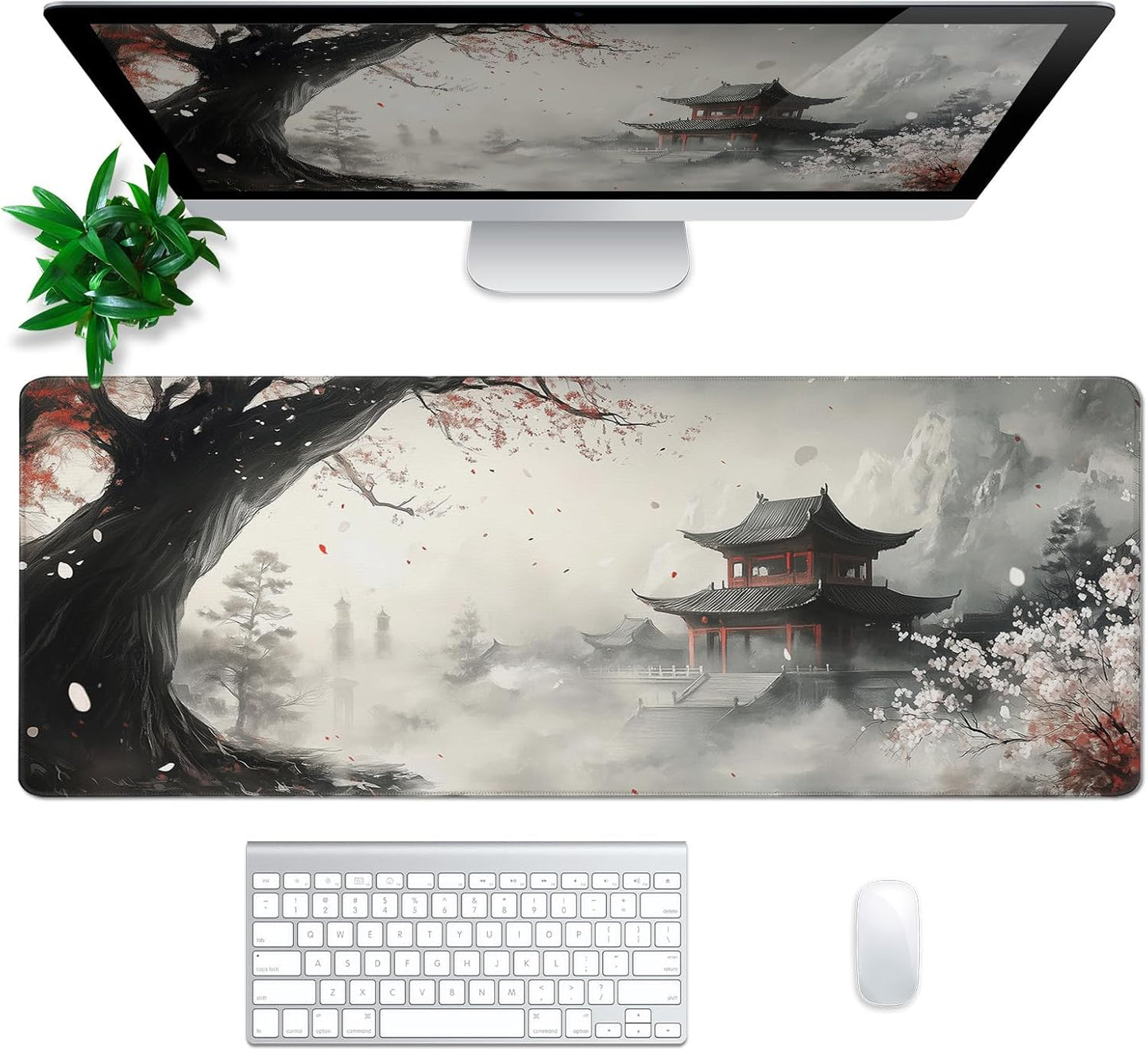 Retro Pagoda Mouse Pad Abstract Cherry Blossom Watercolor Mouse Pad 31.5x11.8 Inch Texture Non-Slip Rubber Base Large Mousepad Stitched Edges Keyboard Mouse Mat Desk Pad for Office
