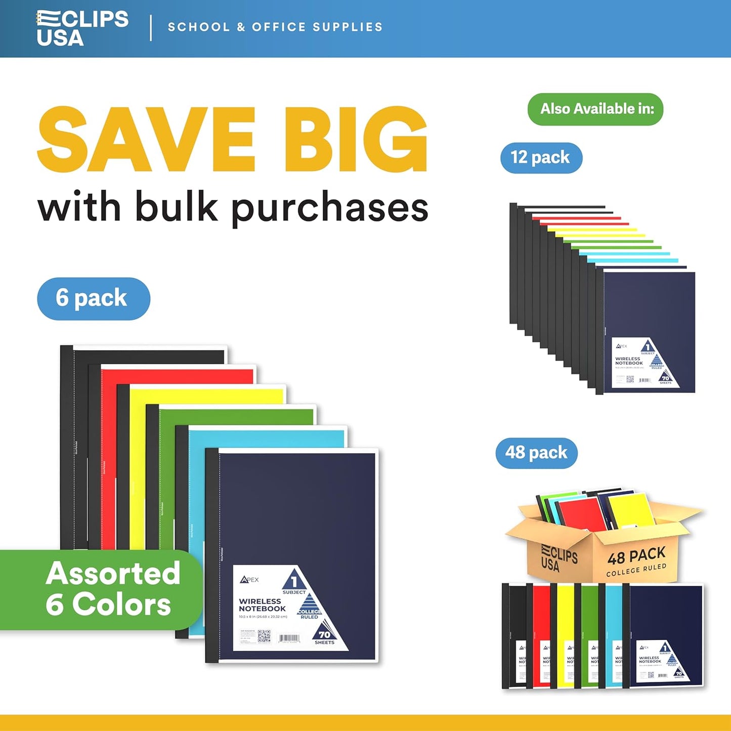 E-CLIPS USA Non Spiral Notebook, 1 Subject, College Ruled Notebook, Journal Notebook, Notebooks Bulk, School Supplies, Perforated Edges, 6 Colors, 70 Sheets (6, College Ruled)