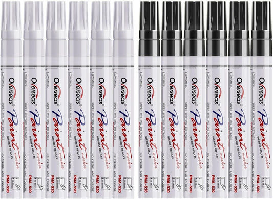 Overseas White and Black Paint Pens, 12 Pack Oil Based Permanent Markers - Medium Tip, Quick Dry and Waterproof Paint Markers for Rock, Wood, Metal, Plastic, Canvas, Glass, Ceramics, Rubber
