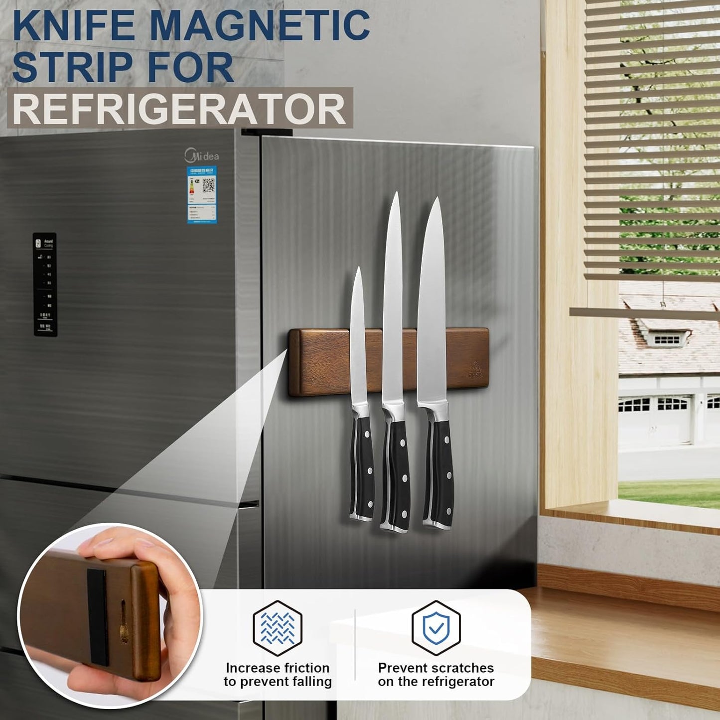 ENOKING Magnetic Knife Holder for Wall, 10 Inch Powerful Magnetic Knife Holder for Refrigerator, Knife Magnetic Strip No Drilling Acacia Wood Wall Knife Holder Magnet Magnetic Knife Bar with 2 Hooks