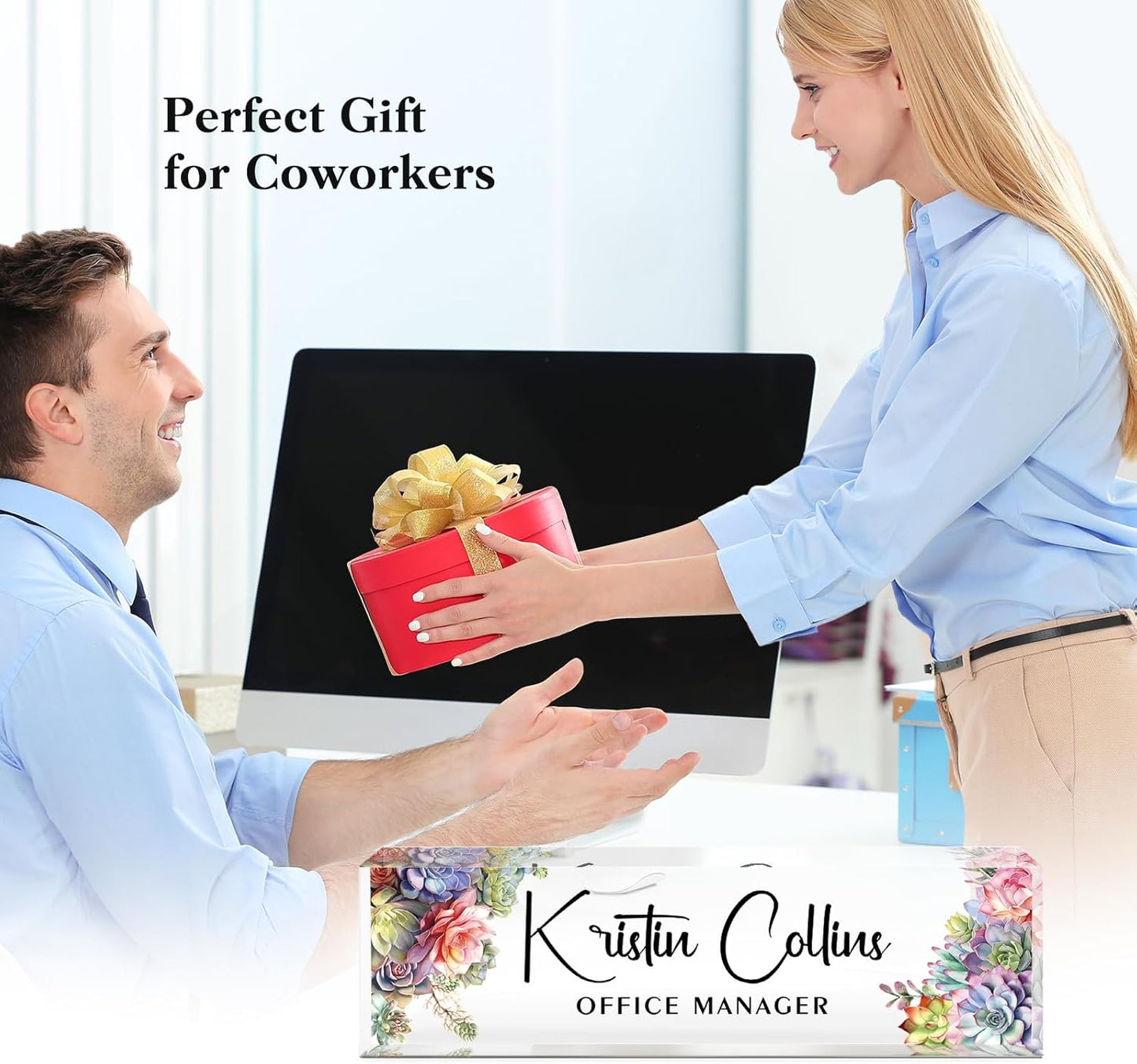 Custom Name Plate for Desk, Acrylic Office Decor For Women Men, Personalized Office Desk Accessories, Teacher Employee Appreciation Gifts For Social Worker Boss Coworkers (Succulent 1)